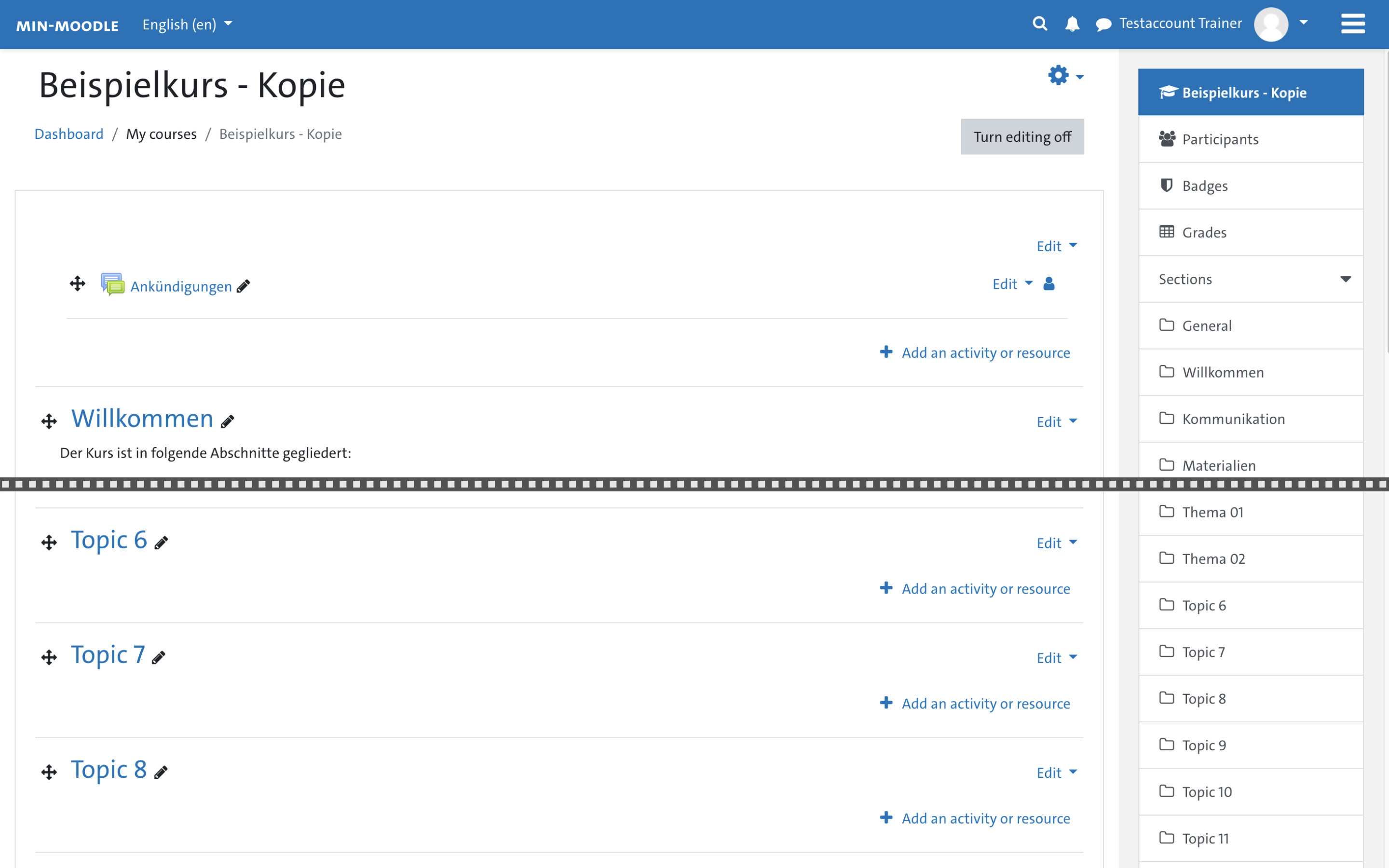 Screenshot: Moodle course after import