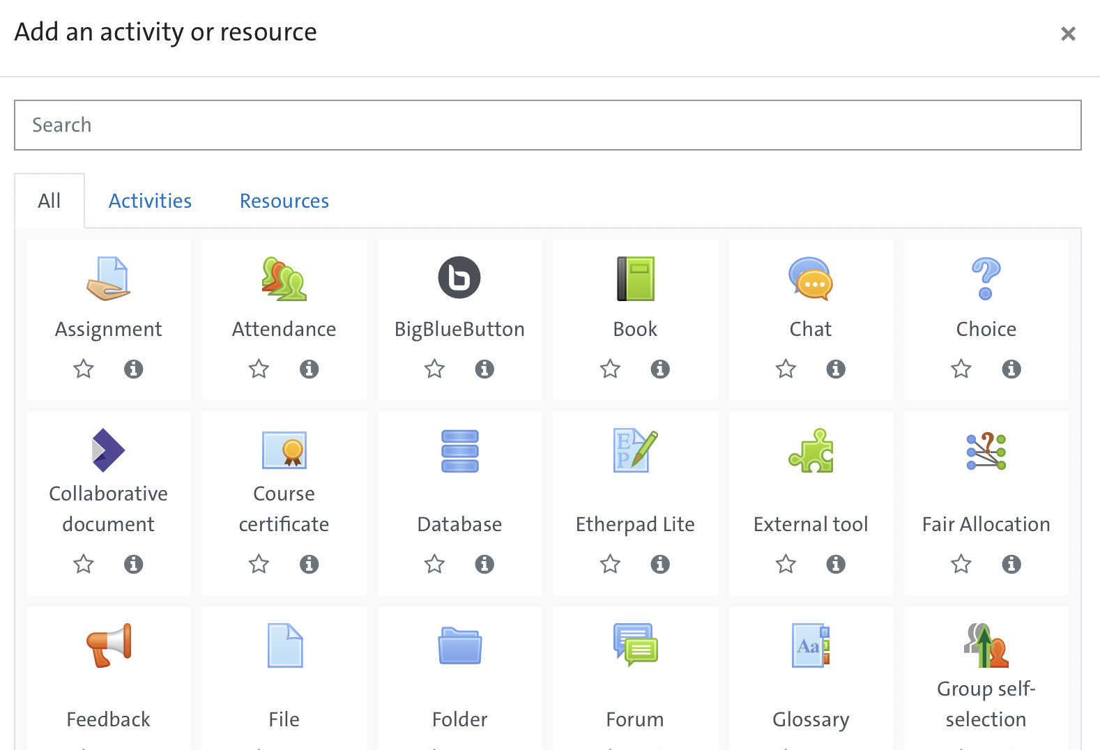 Fig.21: Selection of possible activities and materials in MIN-Moodle