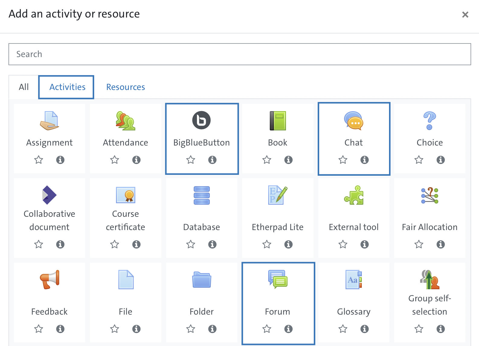 Fig.22: Selection of possible activities in MIN-Moodle