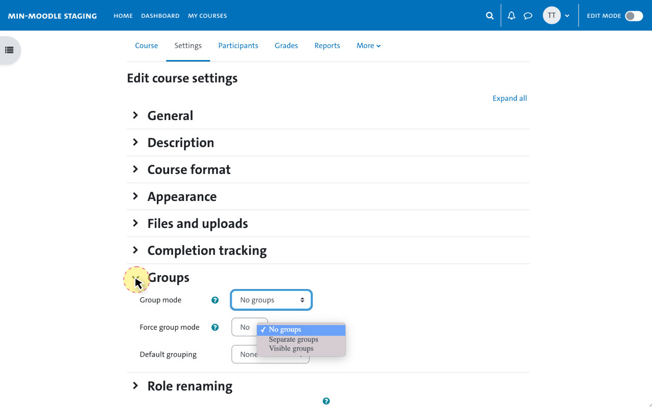 Provide activities and ressources - Group mode-settings 2
