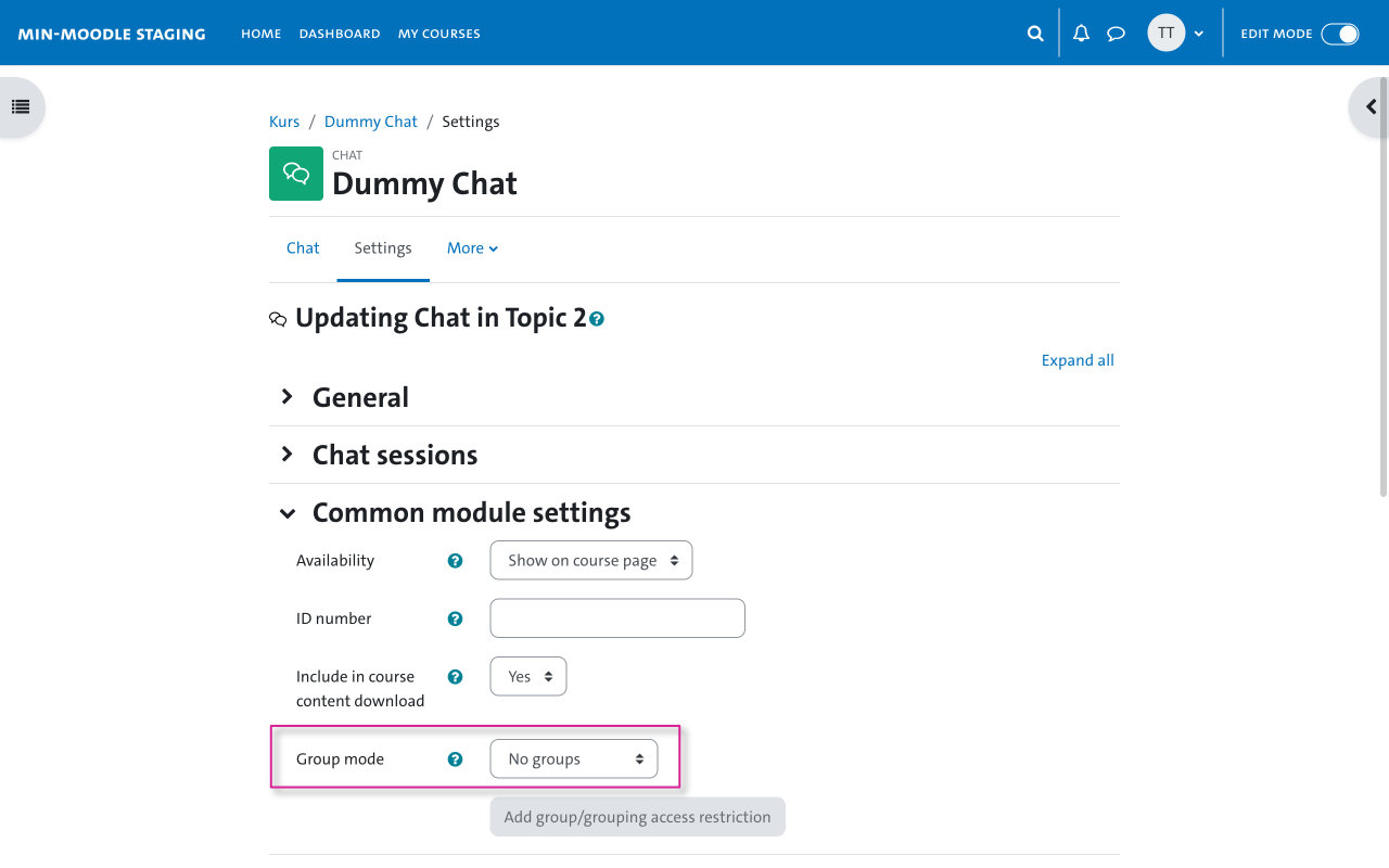 Provide activities and ressources - Group mode-settings for indivual activities 3